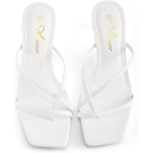 Athlefit Women's White Polyurethane Square Open Toe Kitten Heels Thong Sandals - Picture 4 of 6